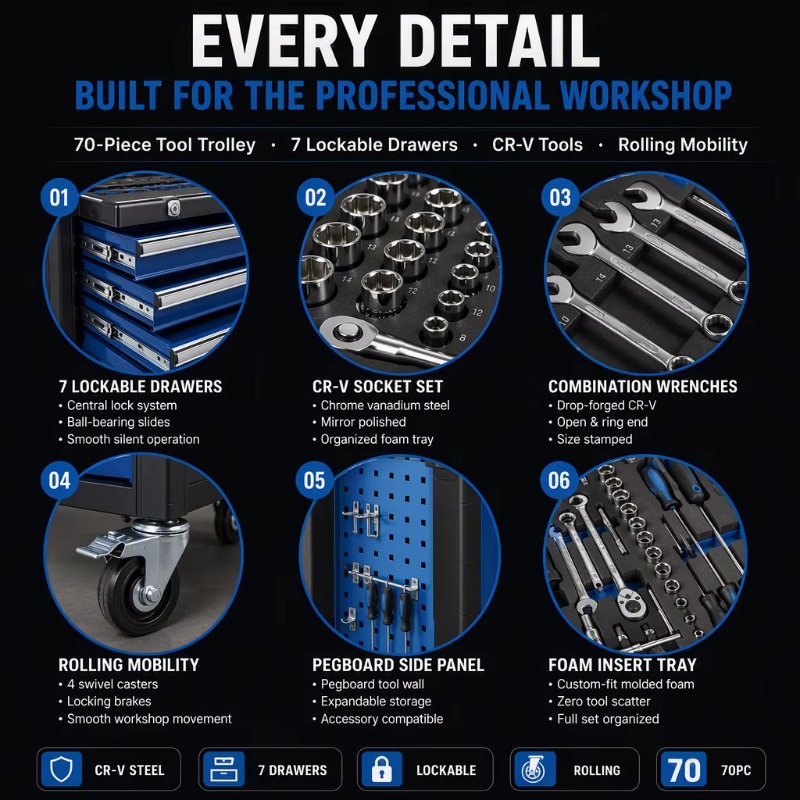 Heavy Tool Trolley 70pc Rollin - Socket Set recension och pris